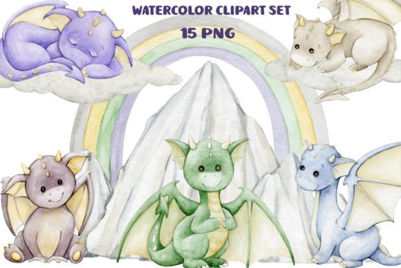 Download Dragons Set Watercolor Clipart Baby PNG - Premium Bundle