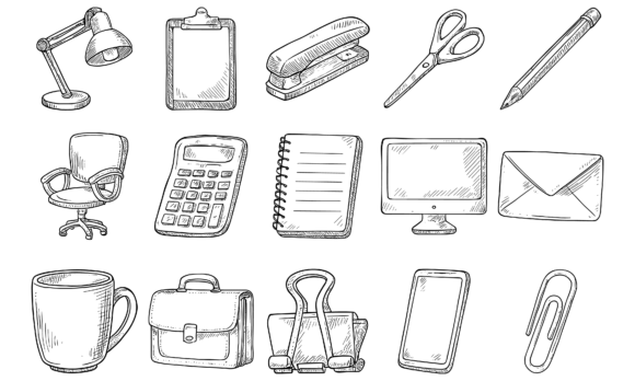 Download Vintage Hand Drawn Office Supplies Icons - Vintage Collection